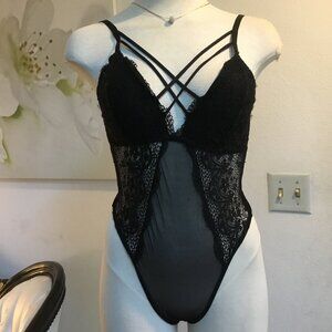 UNBRANDED Lingerie Lace Bodysuit Corset Mesh Crisscross Intimate Stretchy Blk S